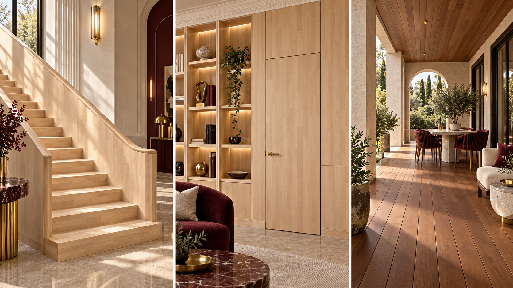 Beech inspiration: stairs, wall panelling, door and protected decking